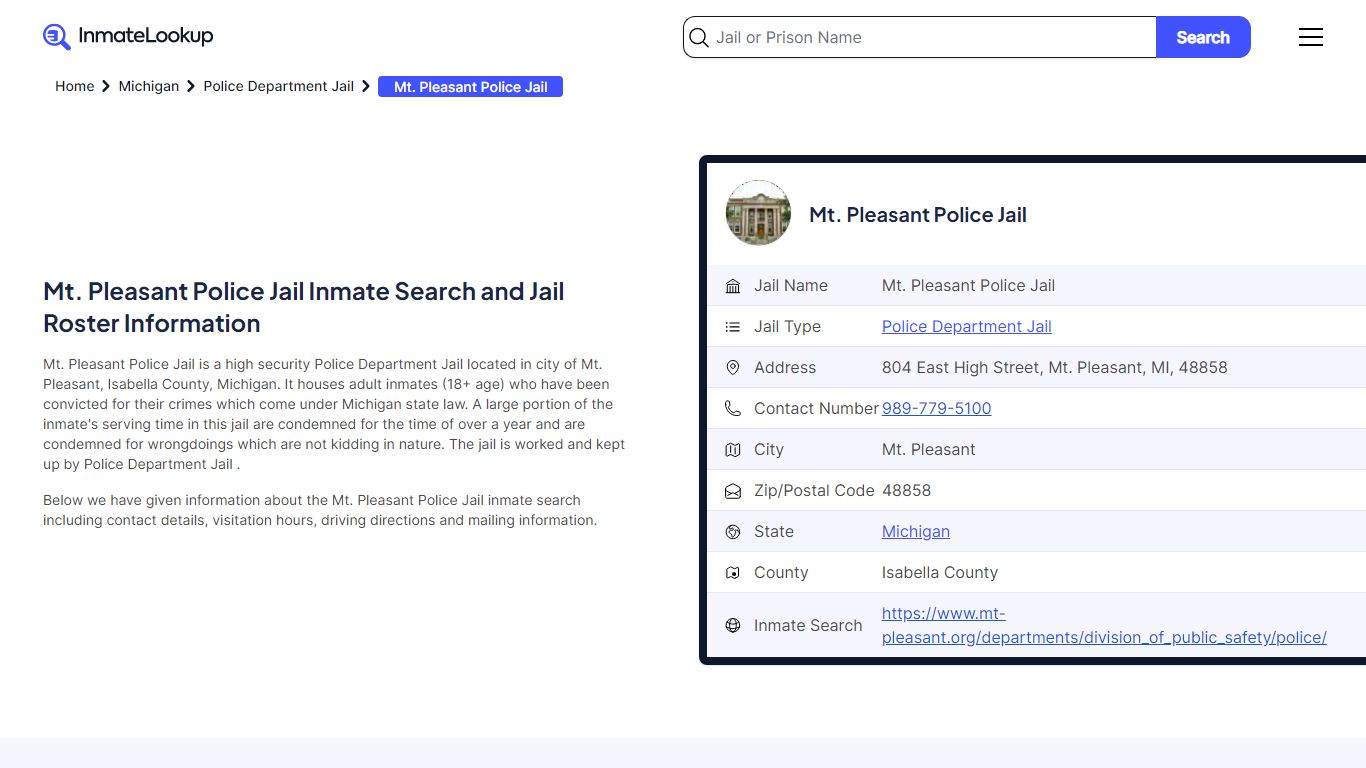 Mt. Pleasant Police Jail Inmate Search - Mt. Pleasant Michigan - Inmate ...